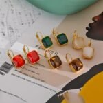Vintage Charm Square Opal Stone Earrings: Delicate, Colorful, French Hook, Stainless Steel, 18k Gold Plated, Waterproof Jewelry