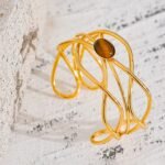 Fashion Wide Open Cuff Bracelet: Stainless Steel, 18K Gold Color, Tiger Stone Irregular Geometric, Unique Jewelry