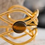 Fashion Wide Open Cuff Bracelet: Stainless Steel, 18K Gold Color, Tiger Stone Irregular Geometric, Unique Jewelry