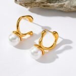 Korean Shell Pearl Golden Stud Earrings - Stainless Steel, Exquisite Charm, Chic Jewelry
