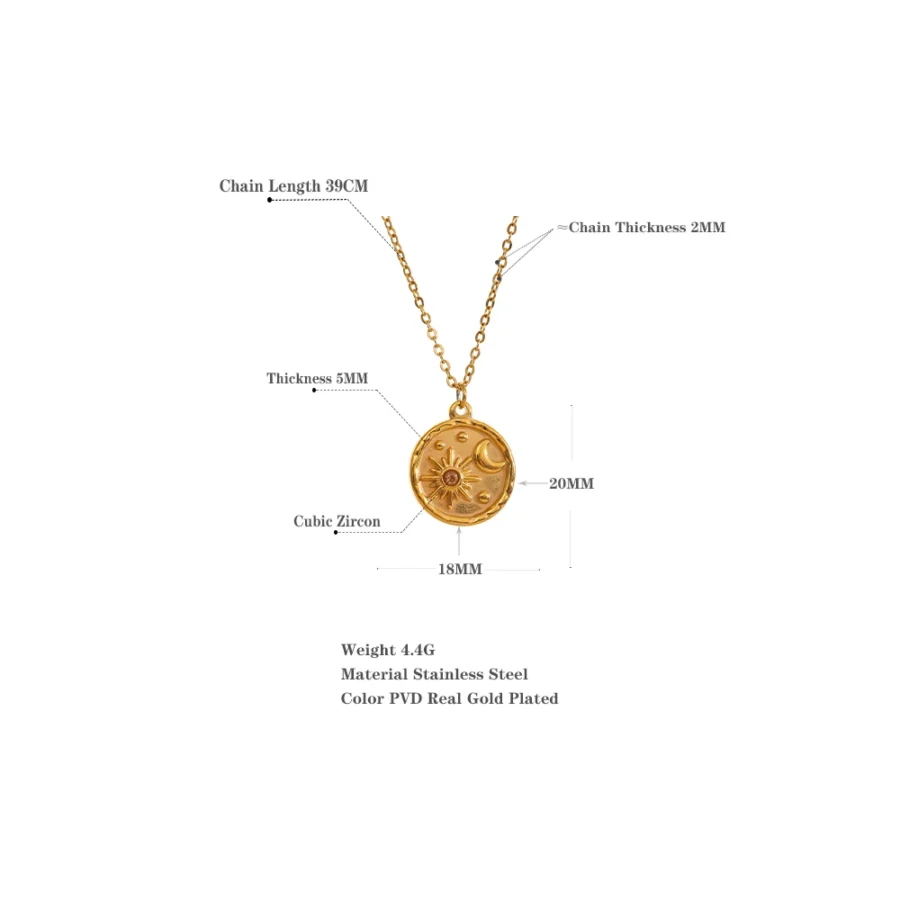 Chic Celestial Pendant Necklace - Fashion Delicate Round Pendant, Stainless Steel, 18K Gold Plated Chain, Trendy Charm Jewelry