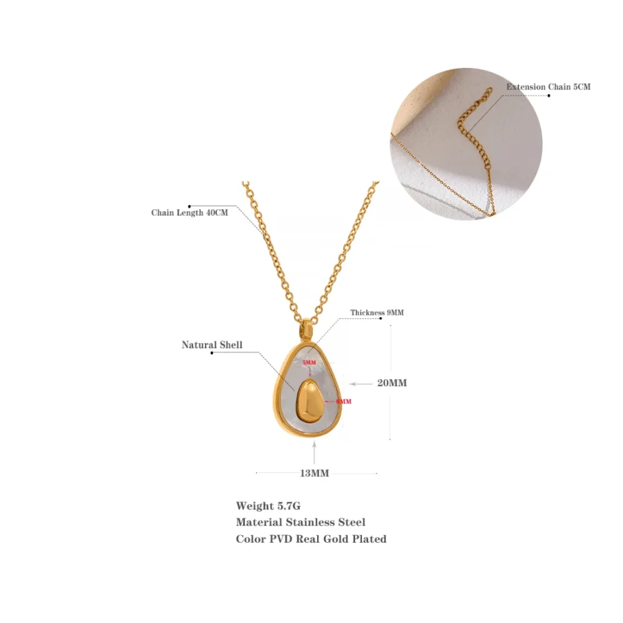 Cute Summer Party Charm: Avocado Natural Shell Pendant Necklace - Golden Stainless Steel Jewelry for Women