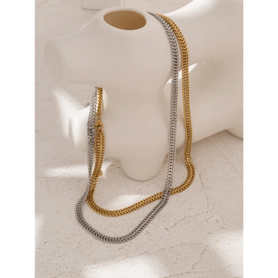 High-Quality Double Layer Necklace - Fashion Flat Chain, Stainless Steel, 18K Metal Texture Collar Necklace