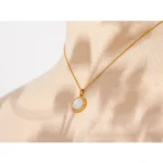 Classic Stylish Jewelry: Gold Color Necklace with Natural Shell Zircon Round Pendant - Stainless Steel, Waterproof Charm for Women