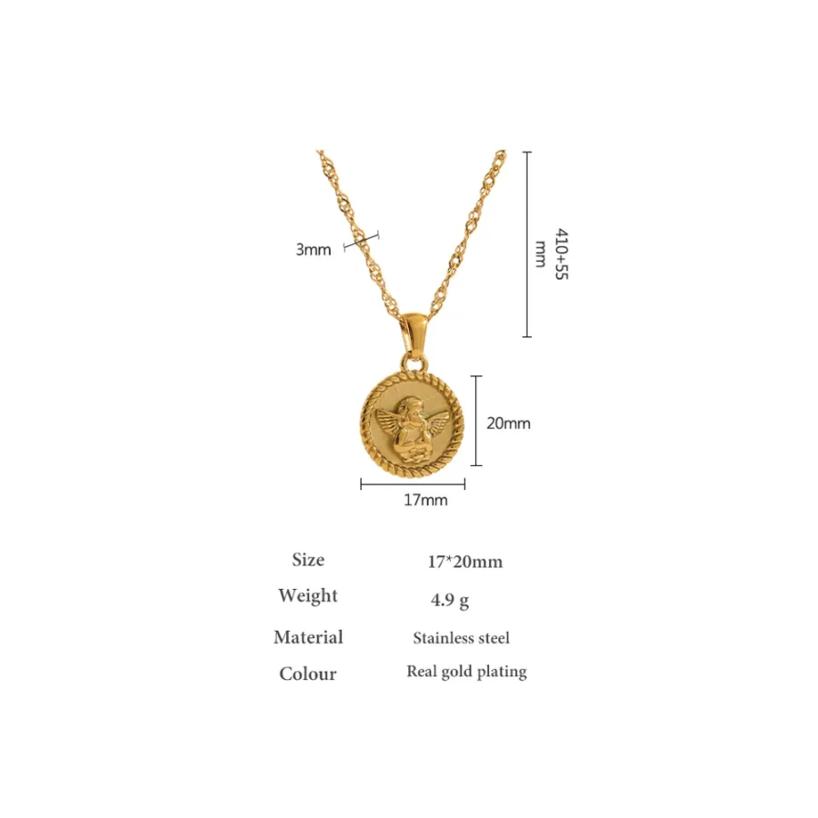 Gift-Worthy Accessories: Stainless Steel Angel Pendant Necklace with Gold 18K Plated Round Charm - Collar Jewelry for Women