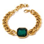 Punk Fashion Bracelet: Green Crystal Stainless Steel Gold Bangle for Women, Hip Hop Thick Chain, 18K Plated, New Trendy Accessories