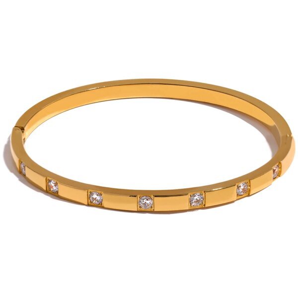 Fashionable Stainless Steel Wrist Bangle Bracelet - Stylish Cubic Zirconia, 18K Gold Plated, Waterproof Charm Jewelry for Women