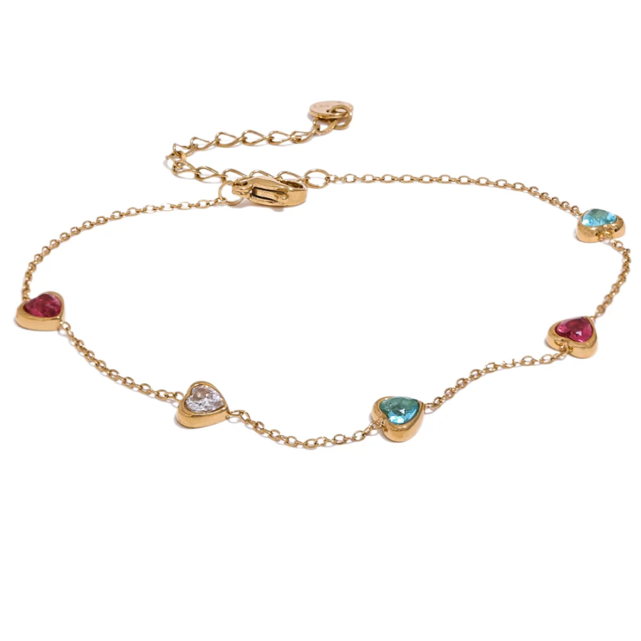 Colorful Heart Anklet: White Cubic Zirconia Chain in Stainless Steel, Trendy Fashion, Delicate Summer Jewelry for Women