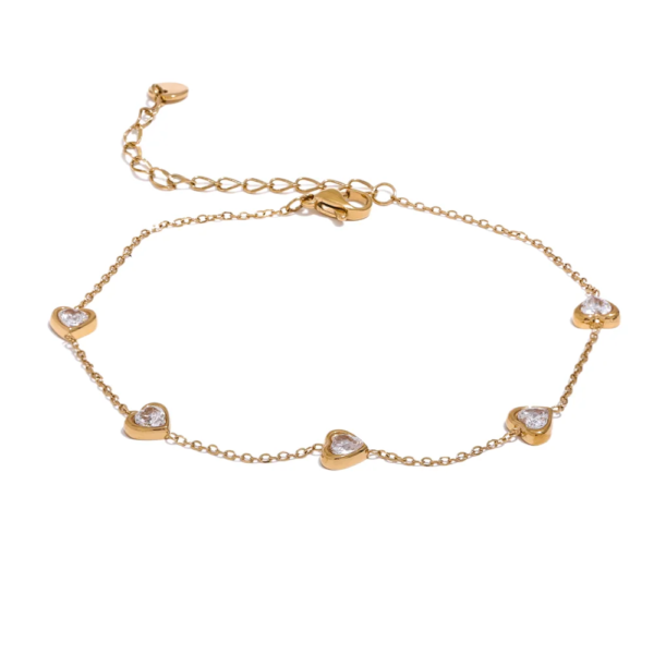 Colorful Heart Anklet: White Cubic Zirconia Chain in Stainless Steel, Trendy Fashion, Delicate Summer Jewelry for Women
