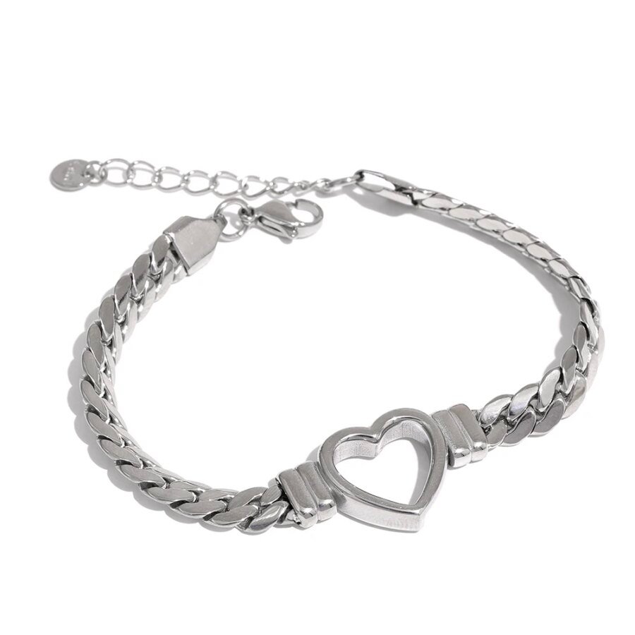 Wrist Over 40mm Fit: High-Quality Love Heart Cuban Chain Stainless Steel Metal Bracelet – Waterproof Jewelry