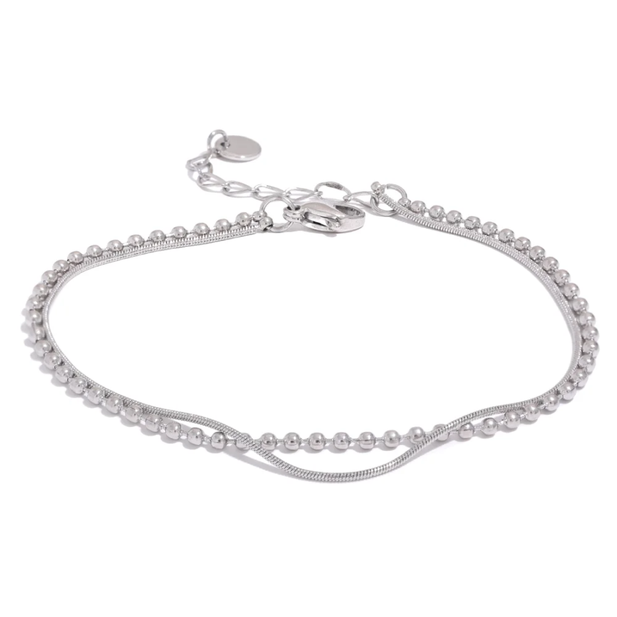 Double Layer Stainless Steel Fashion Bracelet: Flat & Bead Chains, Women's Charm Summer Beach Jewelry"