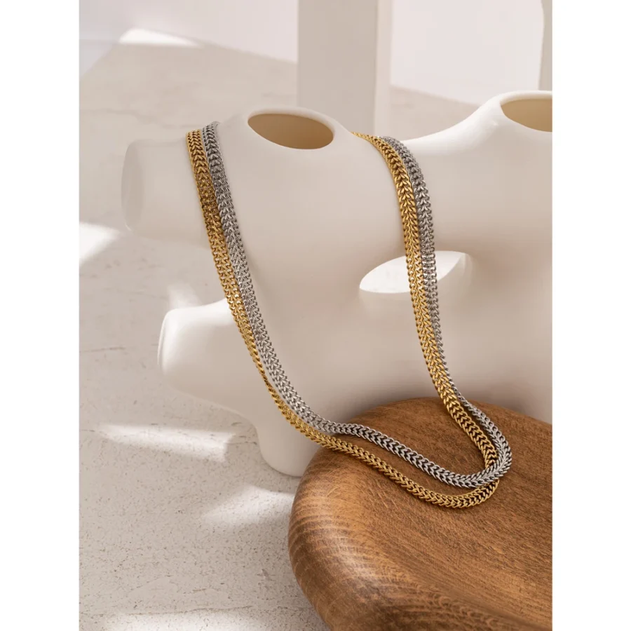 High-Quality Double Layer Necklace - Fashion Flat Chain, Stainless Steel, 18K Metal Texture Collar Necklace