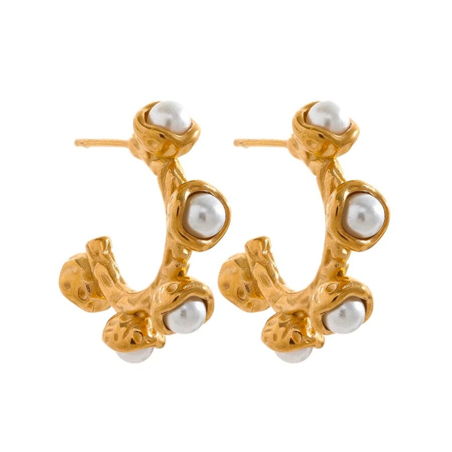 Flower Stainless Steel Earrings: 18K Gold Color, Vintage Texture, Imitation Pearls, Green Red Natural Stone, Fashion Jewelry