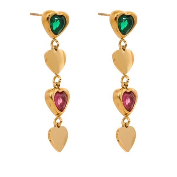 Heart Drop Dangle Earrings: Green Pink White Cubic Zirconia, Stainless Steel, Trendy Daily Fashion, Korean Jewelry for Women