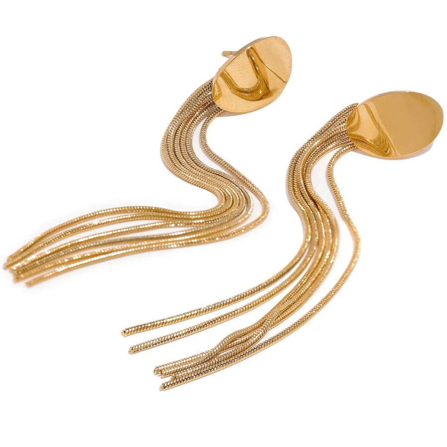 Long Tassel Drop Earrings: Stainless Steel, Temperament Fashion Charm, 18K Gold Color, Texture Statement Jewelry for Party
