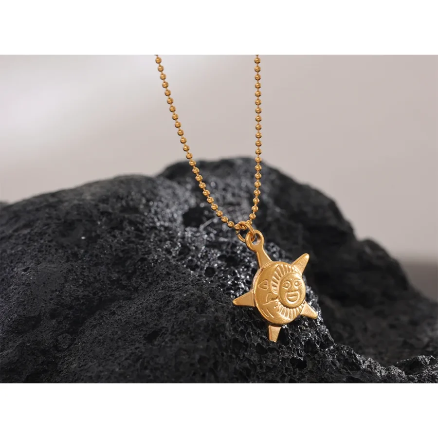 Charm Moon Sun Necklace - Stainless Steel Gold Color, 18K Plated Pendant, Women's Waterproof Jewelry