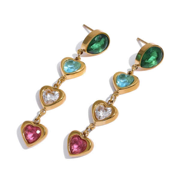 Colorful Cubic Zirconia Heart Earrings: Romantic Drop Dangle, Stainless Steel Aesthetic, Long Party Waterproof Jewelry for Women