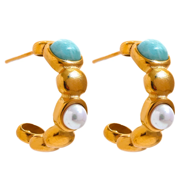 Natural Stone Imitation Pearls C Shape Earrings: Stainless Steel, Stylish Gold Color, Chic Vintage Jewelry for Women