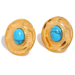 Blue Turquoise Stone Pearls Stud Earrings: Stainless Steel, Gold Color, Fashion Vintage France Jewelry Gift