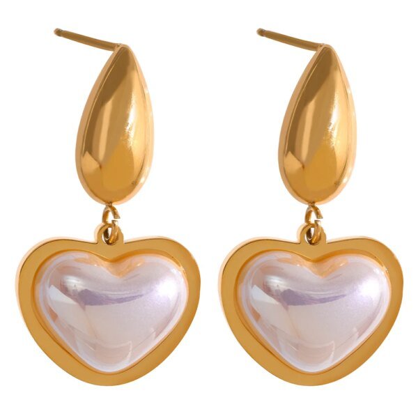 Golden Elegant Heart Drop Earrings - Stainless Steel, Imitation Pearls, Korean Fashion, Trendy Charm