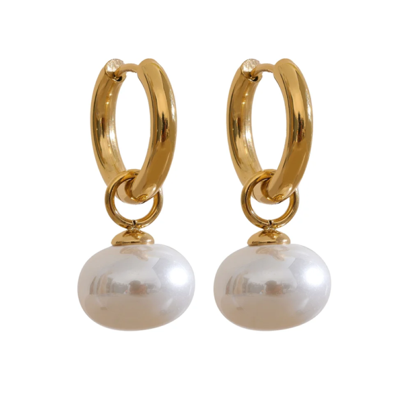 Imitation Pearls Drop Hoop Earrings - High-Quality Stainless Steel, Golden, Korean Charm Jewelry