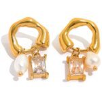 Exquisite Cubic Zirconia Natural Pearl Drop Earrings - Stainless Steel, Gold Color, Trendy Fashion Jewelry