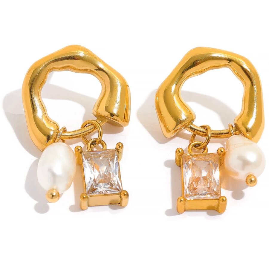 Exquisite Cubic Zirconia Natural Pearl Drop Earrings - Stainless Steel, Gold Color, Trendy Fashion Jewelry