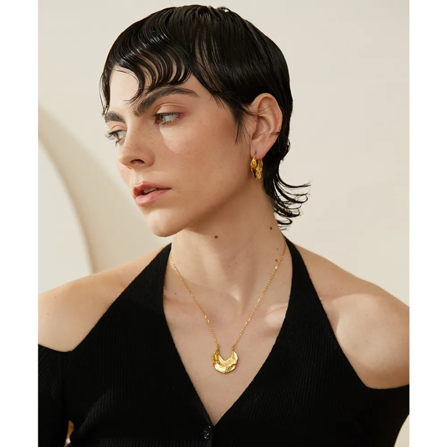 New Fashion Necklace - Statement Stainless Steel Geometric Crescent Moon Pendant, Women's Gold Color, Waterproof Charm Jewelry