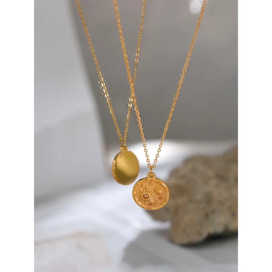 Chic Celestial Pendant Necklace - Fashion Delicate Round Pendant, Stainless Steel, 18K Gold Plated Chain, Trendy Charm Jewelry