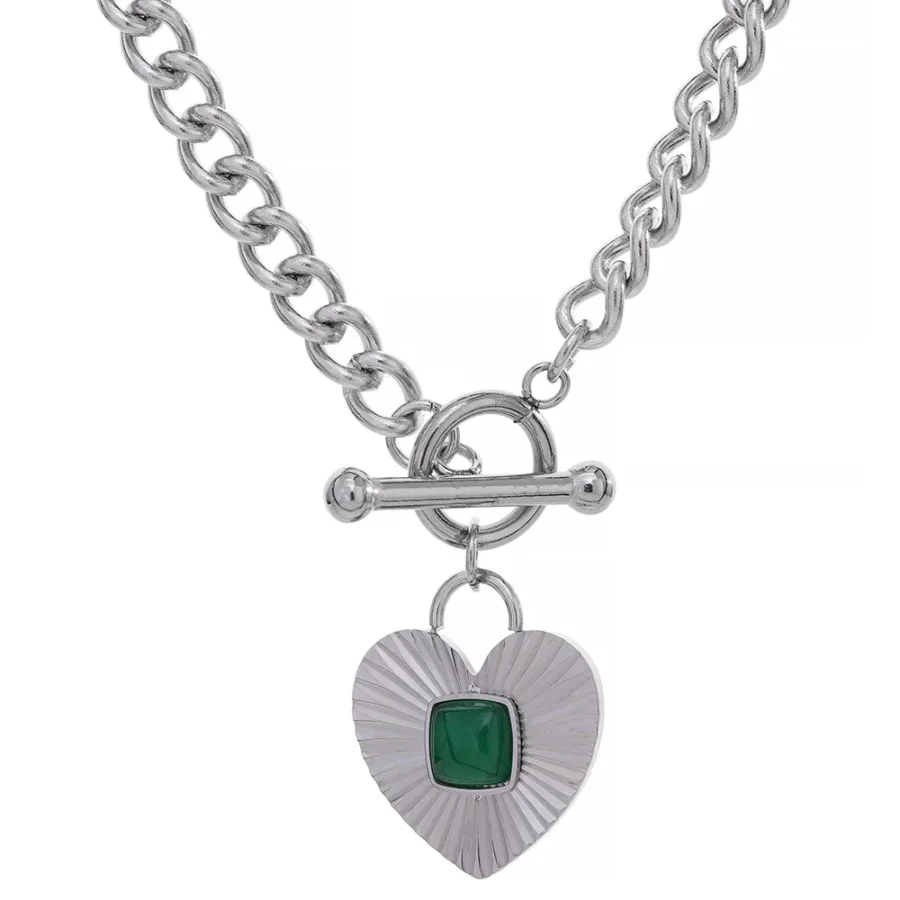 Fashionable Heart Necklace - Stainless Steel Waterproof Jewelry, Green Agate Natural Stone Charm Pendant Chain for Women