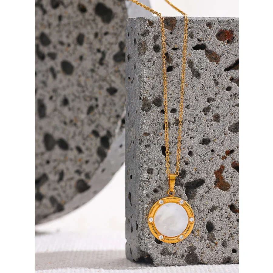 Classic Stylish Jewelry: Gold Color Necklace with Natural Shell Zircon Round Pendant - Stainless Steel, Waterproof Charm for Women