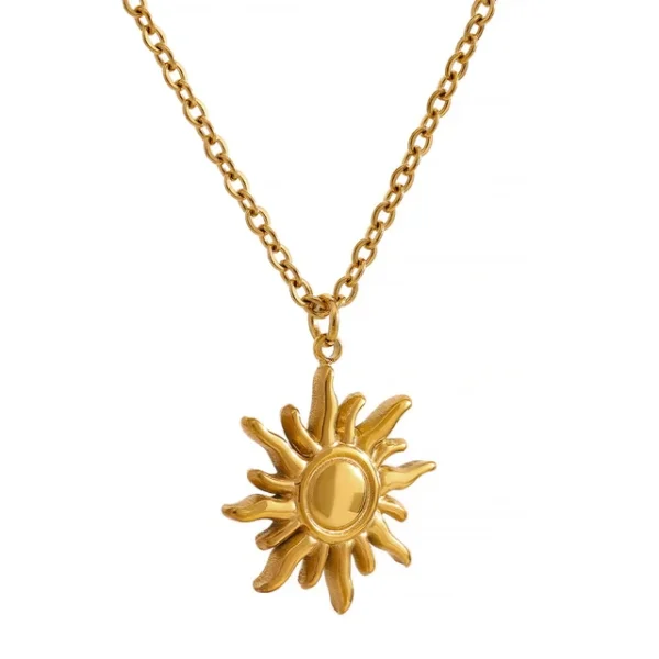 Trendy Jewelry for Women: Stainless Steel Golden Casting Sun Pendant Necklace - Waterproof, Simple Fashion with Metal Texture