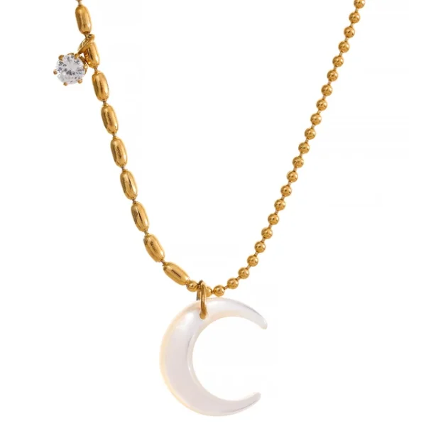 Delicate Jewelry: Unique Gold Color Beads Chain with Stainless Steel White Shell Moon Pendant