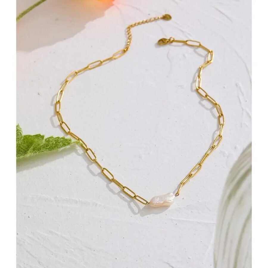 High-Quality Gold Color Collar: Stainless Steel Natural Pearl Pendant Necklace with Metal Chain