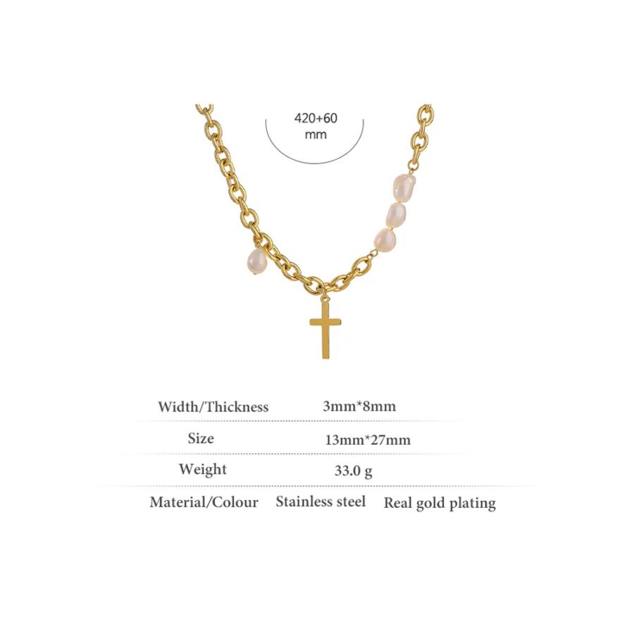 Luxury Bijoux Femme Gift: Trendy Stainless Steel Cross Pendant Necklace with Natural Pearl Metal Collar Chain Jewelry