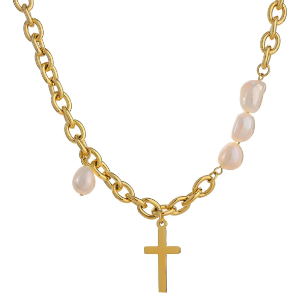 Luxury Bijoux Femme Gift: Trendy Stainless Steel Cross Pendant Necklace with Natural Pearl Metal Collar Chain Jewelry
