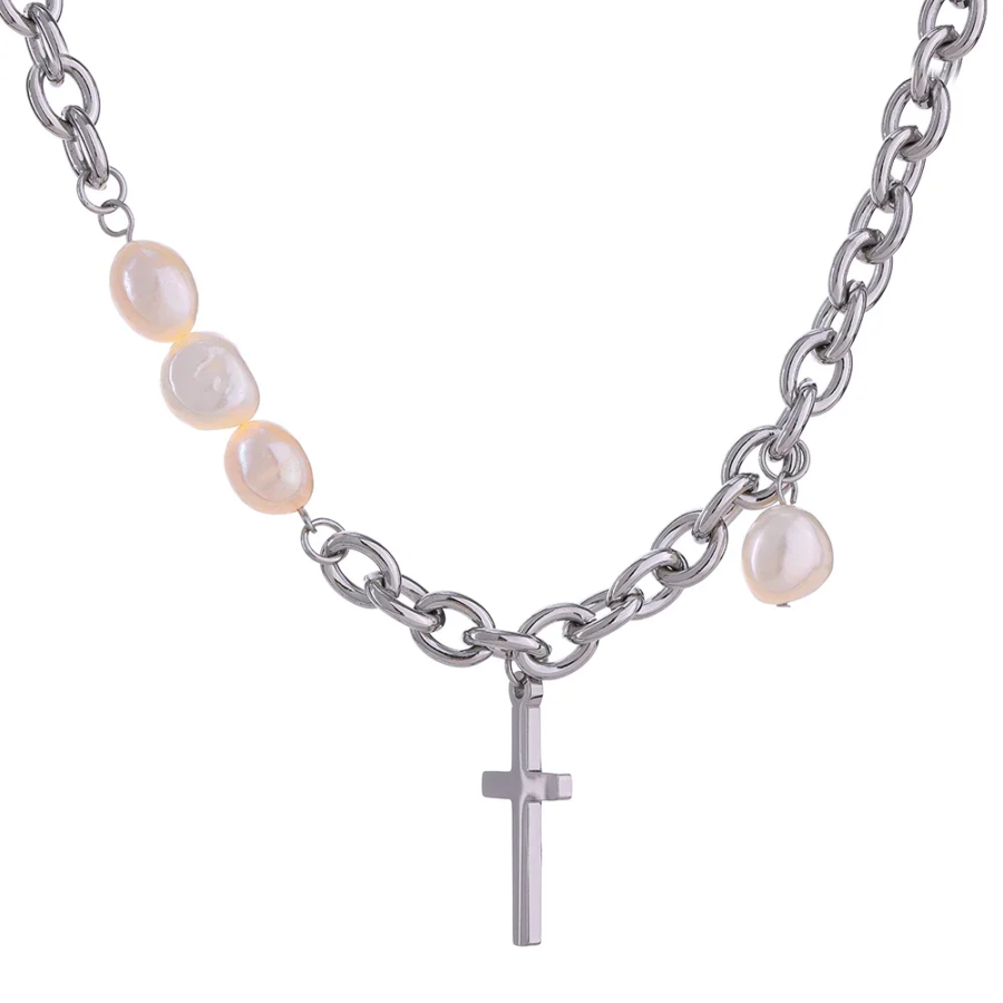 Luxury Bijoux Femme Gift: Trendy Stainless Steel Cross Pendant Necklace with Natural Pearl Metal Collar Chain Jewelry