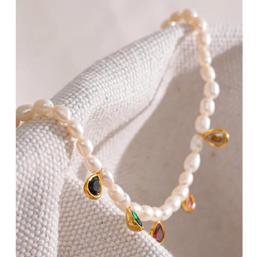 Romantic Charm Jewelry: Luxury Exquisite Natural Freshwater Pearl and Colorful Cubic Zircon Stainless Steel Choker Necklace