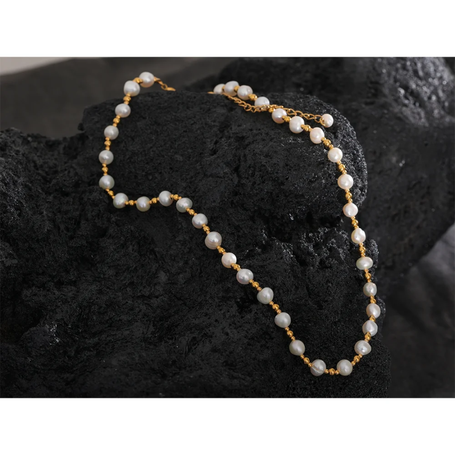 Chic Gift: Stainless Steel Beads and Natural Pearls Mix Handmade Fashion Necklace - Women's Luxury Delicate Collier Jewelry