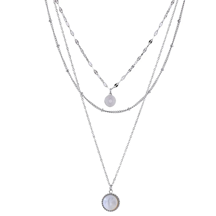 Exquisite Bohemian Necklace: Round Pendant Stainless Steel Chain with Metal Texture Collar for Women
