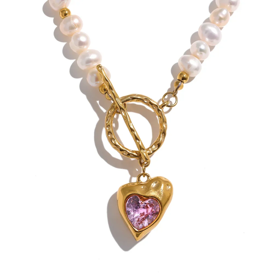 Luxurious Aesthetic Gift: Natural Freshwater Pearl Heart Stainless Steel Cubic Zirconia Pendant Necklace - Chain Jewelry for Women