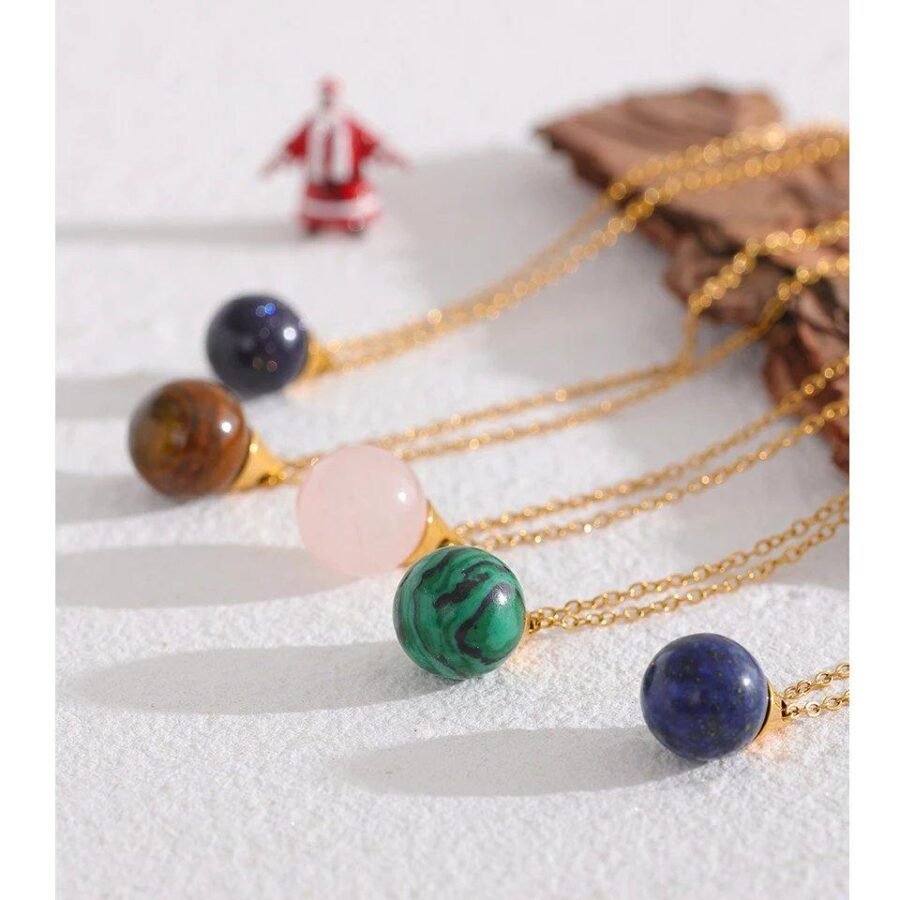 Chic Waterproof Jewelry: Fashion Natural Stone Pendant Drop Stainless Steel Necklace with Malachite, Lapis Lazuli, Sandstone, and Tiger Eye