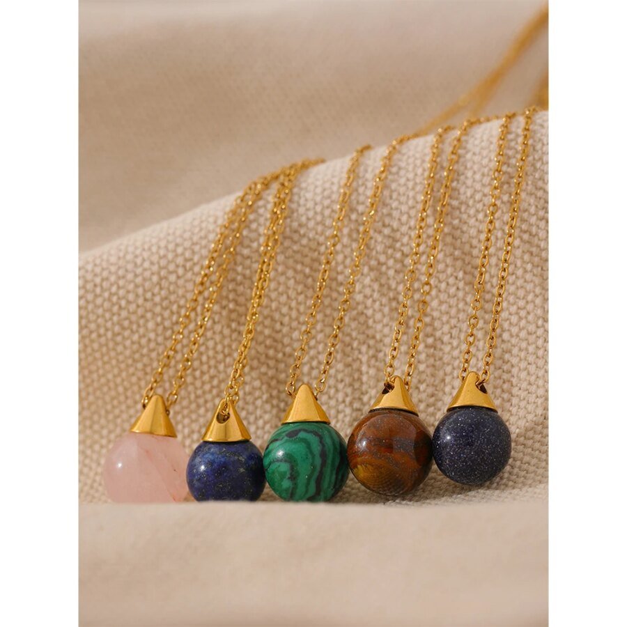 Chic Waterproof Jewelry: Fashion Natural Stone Pendant Drop Stainless Steel Necklace with Malachite, Lapis Lazuli, Sandstone, and Tiger Eye