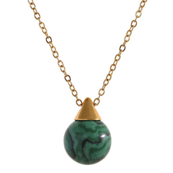 Chic Waterproof Jewelry: Fashion Natural Stone Pendant Drop Stainless Steel Necklace with Malachite, Lapis Lazuli, Sandstone, and Tiger Eye