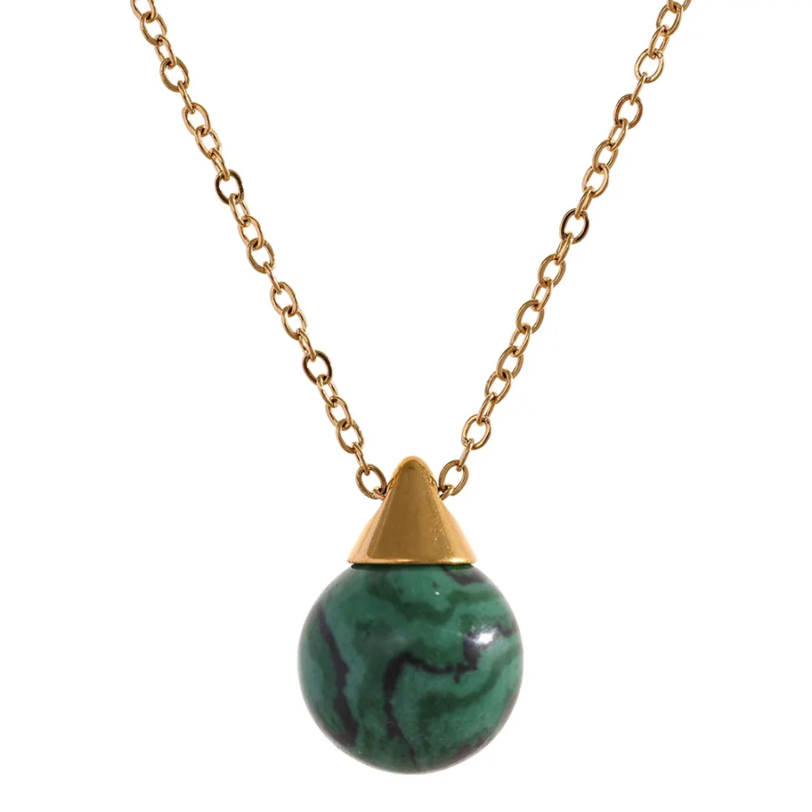 Chic Waterproof Jewelry: Fashion Natural Stone Pendant Drop Stainless Steel Necklace with Malachite, Lapis Lazuli, Sandstone, and Tiger Eye