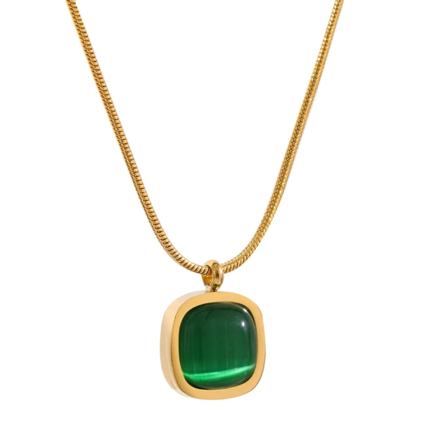 Minimalist Geometric Charm: Square Green Opal Stone Pendant Drop Dangle Necklace for Women - Stainless Steel