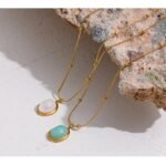 Elegant Collar Necklace: Natural Green Stone Fog Crystal Stainless Steel Pendant Chain – Gold Color Jewelry