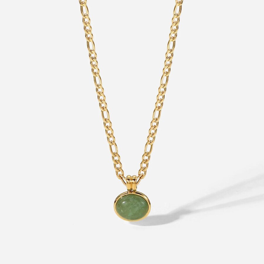 Chic Women's Necklace: Stainless Steel PVD 18K Gold-Plated Natural Green Jade Pendant