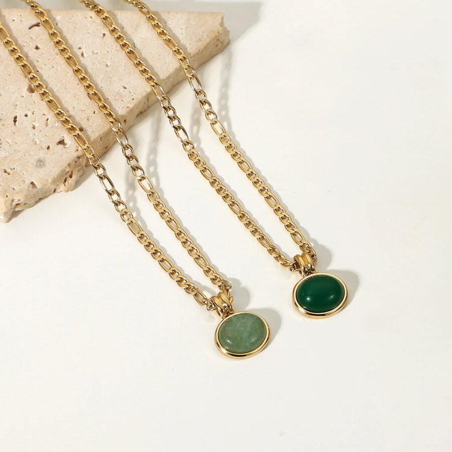 Chic Women's Necklace: Stainless Steel PVD 18K Gold-Plated Natural Green Jade Pendant