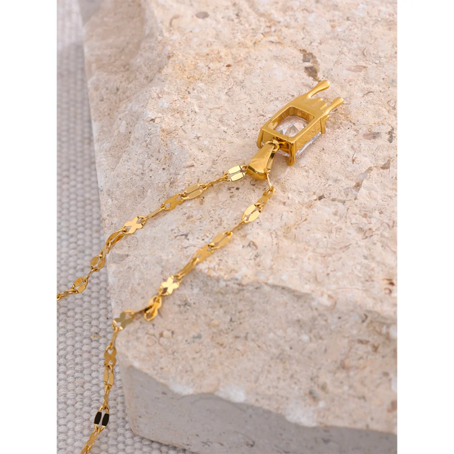 Golden Geometric Elegance: Stainless Steel Necklace with Cubic Zirconia, Luxury Waterproof Jewelry Gift for Women